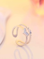 Silverette Love Heart Adjustable CZ Dual Ring