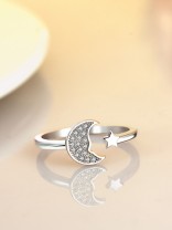 Stars and crescent moon adjustable ring in silver