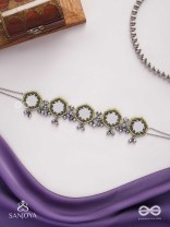 Chāyāmālā-Reflective choker- oxidized choker featuring intricate beadwork, mirrors, ghungroo (small bells), and thread details