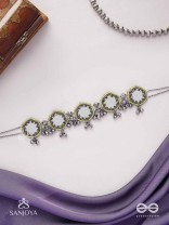 Chāyāmālā-Reflective choker- oxidized choker featuring intricate beadwork, mirrors, ghungroo (small bells), and thread details