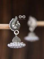The Braided Pearl Peacock Jhumkis - Oxidised Boho Earrings