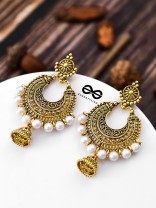 The Golden Motif Pearl Jhumkis - Oxidised Boho Earrings