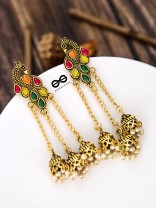 The Golden Embellished Peacock Triple Hanging Jhumkis