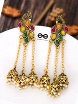 The Golden Embellished Peacock Triple Hanging Jhumkis