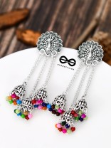 The Fanning Peacock Triple Multicolour Jhumkis - Oxidised Boho Earrings