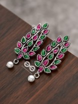 The Shimmering Leaves (Ruby Emerald)- Embellished Oxidised Earrings