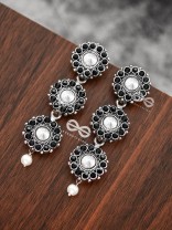 The Layered Boho Danglers (Onyx Black) - Embellished Oxidised Earrings 