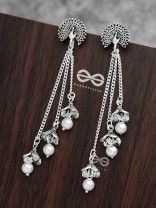 The Fanning Peacock Triple Pearl Jhumkis - Oxidised Boho Earrings