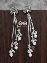 The Fanning Peacock Triple Pearl Jhumkis - Oxidised Boho Earrings