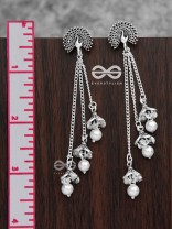 The Fanning Peacock Triple Pearl Jhumkis - Oxidised Boho Earrings