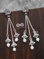 The Pristine Peacock Triple Pearl Jhumkis - Oxidised Boho Earrings