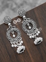 The Layered Pearl Motif Jhumkis - Oxidised Boho Earrings