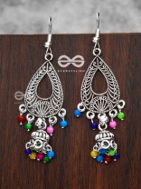 The Meshed Artwork Jhumkis (Multicolour) - Oxidised Boho Earrings