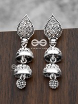 The double-Layered Drop Jhumkis - Oxidised Boho Earrings