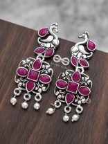 The Artsy Peacock Danglers (Ruby Red) - Embellished Oxidised Collection