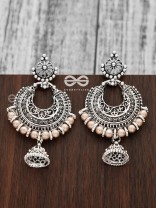 The Motif Moon Pearled Jhumis(Silver-Pearl) - Oxidised Boho Earrings