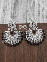 The Peacock Motif Moon Black Pearl Earrings - Silver