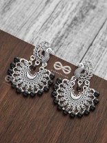 The Peacock Motif Moon Black Pearl Earrings - Silver