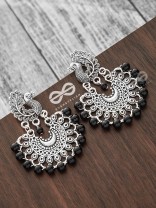 The Peacock Motif Moon Black Pearl Earrings - Silver
