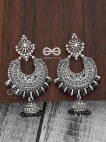 The Motif Moon Pearled Jhumkis(Silver-Black) - Oxidised Boho Earrings
