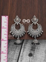 The Motif Moon Pearled Jhumkis(Silver-Black) - Oxidised Boho Earrings