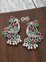 The Vintage Bird Artwork Studs(Ruby-Emerald) - Embellished Oxidised Collection