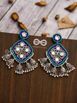 An Intricate Mirror Work Multi Jhumki Embroidered Earrings (Blue)
