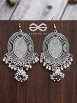 The Motif Mirror Frame Jhumkis - Oxidised Boho Earrings