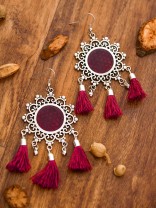 The Enamelled Tasselled Sun (Burgundy) - Oxidised Boho Earrings