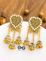 The Boho Pearl Heart Triple Jhumki Earrings (Golden)
