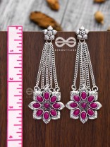 The Floral Finesse - Embellished Oxidised Earrings (Ruby Red)