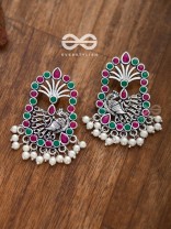 The Delightful Peacock artwork (Ruby-Emerald) - Embellished Oxidised Earrings