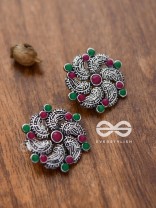 The Whimsical Whirlpools - Embellished Oxidised Studs (Ruby-Emerald)