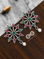 'Steering My Own Ship' - Embellished Oxidised Earrings (Ruby-Emerald)