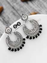 The Motif Moon Pearls (Silver-Black) - Oxidised Boho Earrings
