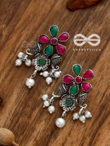 'A Floral Fantasy' - Embellished Oxidised Earrings (Ruby-Emerald)