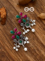 'A Floral Fantasy' - Embellished Oxidised Earrings (Ruby-Emerald)