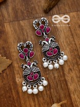 The Enigmatic Peacock Artwork Earrings (Ruby Red) - Embellished Oxidised Collection
