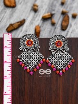 The Criss-Cross Embroidered Sun (Pink) - Embroidered Oxidised Earrings