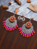 The Delightful Motif Moon (Orange-Pink) - Embroidered Oxidised Earrings