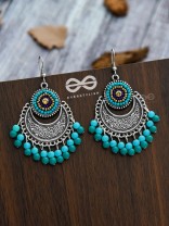 The Elegant Motifs (Teal-Blue) - Embroidered Oxidised Earrings 
