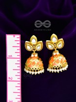 The Kundan Leafy Affair- Enamelled Golden Jhumki - Sunset Orange