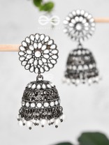 The Intricate Floral Cocktail - Embellished Oxidised jhumkas 