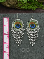 The Peacock Feather Jhallars - Oxidised Boho Earrings