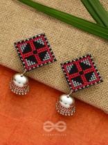 The Aztec Kite Jhumkas - Statement Embroidered Earrings (Red - Black)