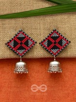 The Aztec Kite Jhumkas - Statement Embroidered Earrings (Red - Black)