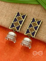 The Aztec Elegance - Statement Embroidered Jhumkas (Golden - Oxford Blue)