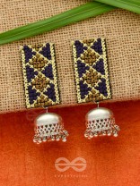 The Aztec Elegance - Statement Embroidered Jhumkas (Golden - Oxford Blue)
