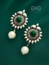 The Emerald Sun- Green Crystal Encrusted Silver Pearl Earrings
