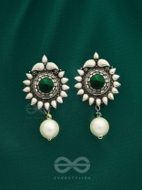 The Emerald Sun- Green Crystal Encrusted Silver Pearl Earrings